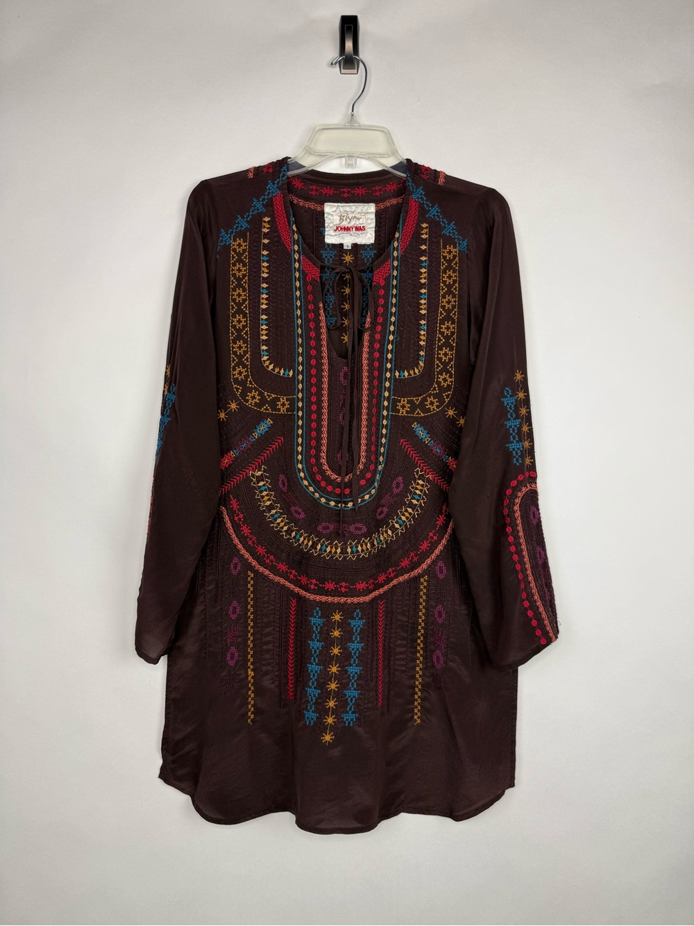 Johnny Was Biya 100% Silk Embroidered Tunic Brown Boho Top Sz S